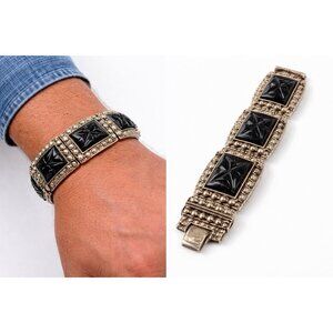 Vintage Mexico Sterling Silver Black Onyx Panel Bracelet 8.25” 44.25g